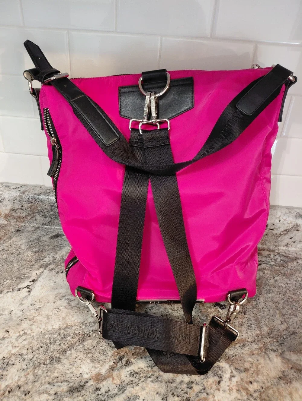 Steve Madden Hot Pink Black Nylon Bag Backpack W/Multiple Pockets Compartments